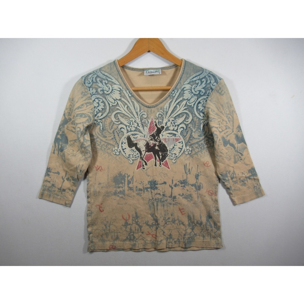 Cactus Bay Rhinestone Horse Shirt Women Small Vintage Y2K Rodeo Western